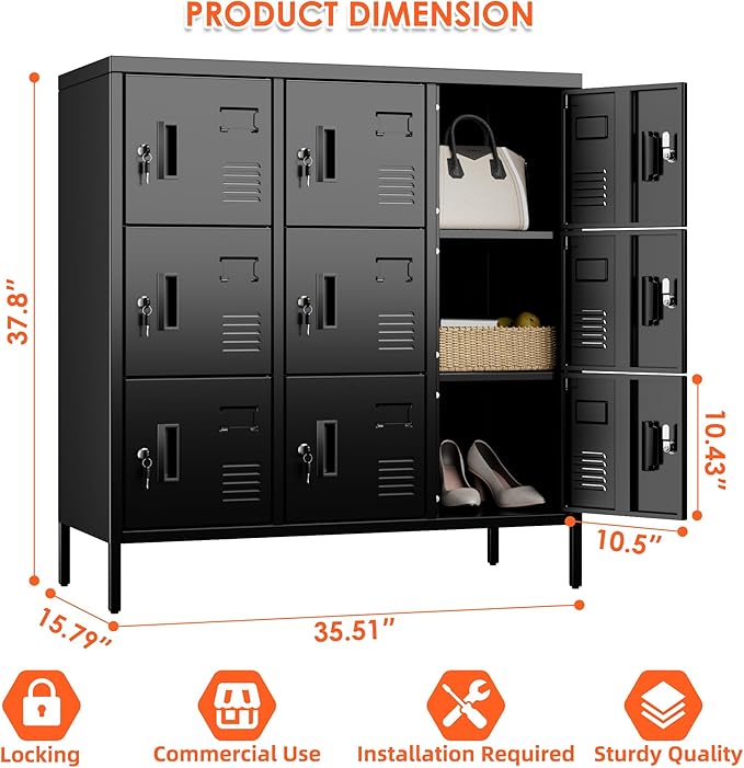 Aobabo 9 Doors Metal Storage Locker for Employees, Steel Storage Locker with Lock and Card Slot, for Home, Office, School, Gym, Require Assembly, Black