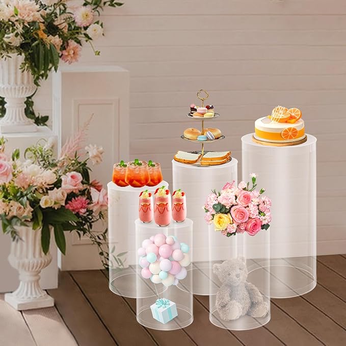 5 Pcs Wedding Cylinder Stands, Clear Acrylic Round Pedestal Stand, Floor Standing Clear Cylinder Stands for Wedding Birthday Party 19.6'', 21.6'', 23.6'', 29.5'', 35.4'' H