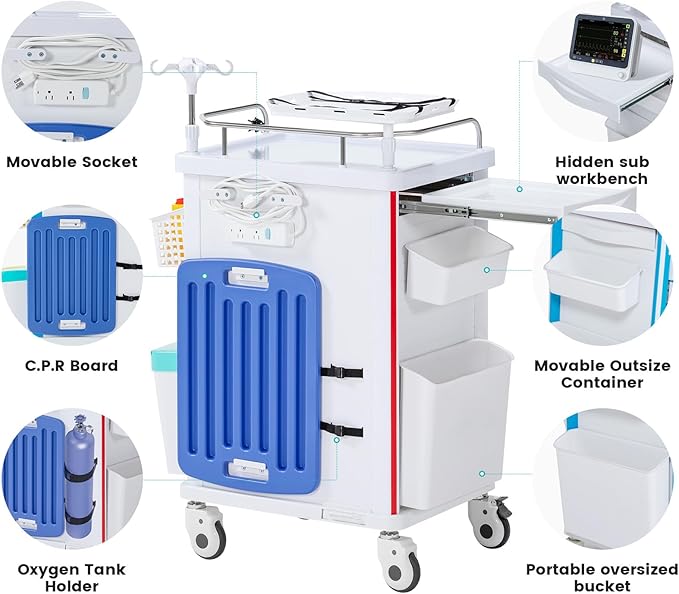 Medical Cart, Rolling Medication Carts with Silent Wheels, Adjustable IV Pole, Trash Bin & O2 Holder, Needle Disposal Holder - Ideal Nursing Trolley for Clinics, Hospitals, Salon
