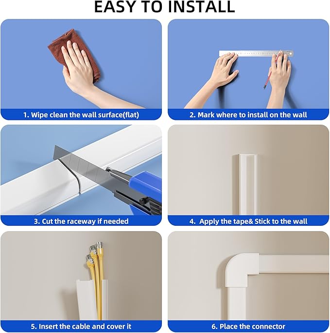Delamu Cord Hider Cover, 142in TV Cable Concealer Kit for Wall Mounted TV with Management 3-4 Wires, Paintable Cable Cover for Floor, Easy Install, W 1.18 H 0.63in, White