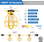 100FT Construction String Lights with Outdoor Extension Cord Safety Cover, 100W 11 Bulbs Work Lights, IP65 Waterproof, 8000LM 6500K Temporary Lighting for Workshop, Mine cave, Job Site