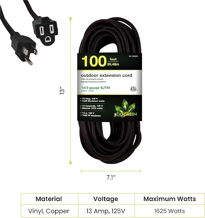 Go Green Power Inc. (GG-13800BK) 14/3 SJTW Outdoor Extension Cord, Black, 100 ft