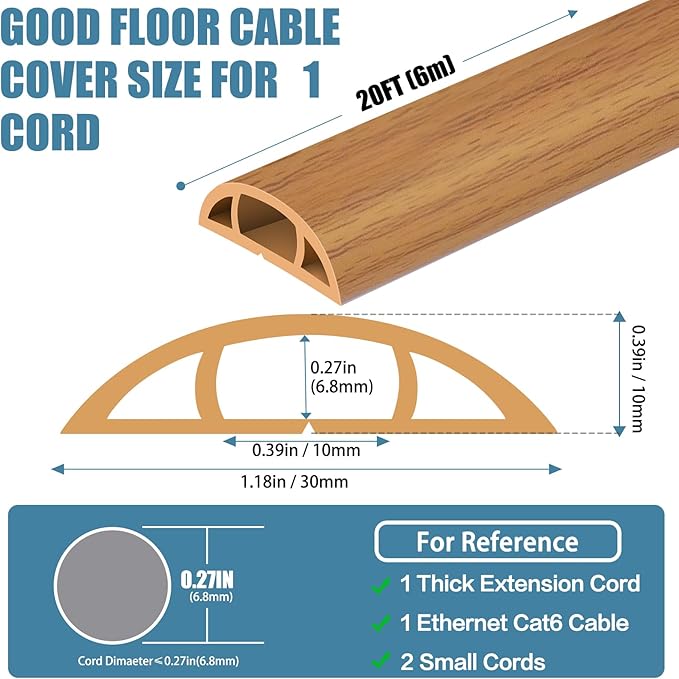 Floor Cord Covers for Wires 20FT Cable Hider Wire Cover Self Adhesive Cord Hider Floor for Offices, Homes, Workshops, Warehouses Cable Cavity 0.39" W x 0.27" H