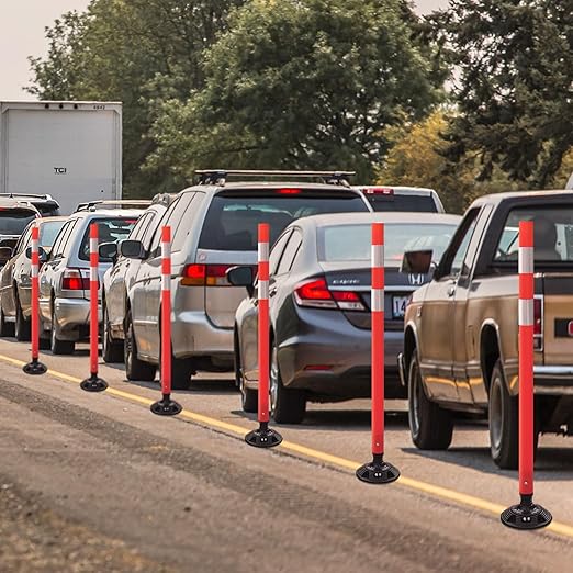 8 Pack Traffic Delineator Post Cones, High Visibility 3M Reflective Tapes, Flexible Spring Post with Detachable Base, for Highway Road Safety, Garage, Parking Lot (Orange, 48")