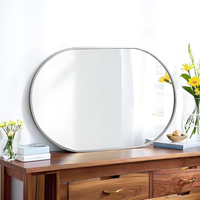 30x20 Mirror Runway Oval Wall Mounted Aluminum Alloy Metal Frame Rectangle Mirrors for Entryway Bedroom Bathroom Living Room 30 20 inch Silver