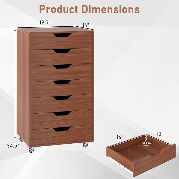 LOKO 7-Drawer Storage Cabinet, Versatile Drawer of Chest with Lockable Wheels, Mobile Office Lateral File Cabinet, for Home Office, Study (Walnut, 16" D x 19.5" W x 34.5" H)