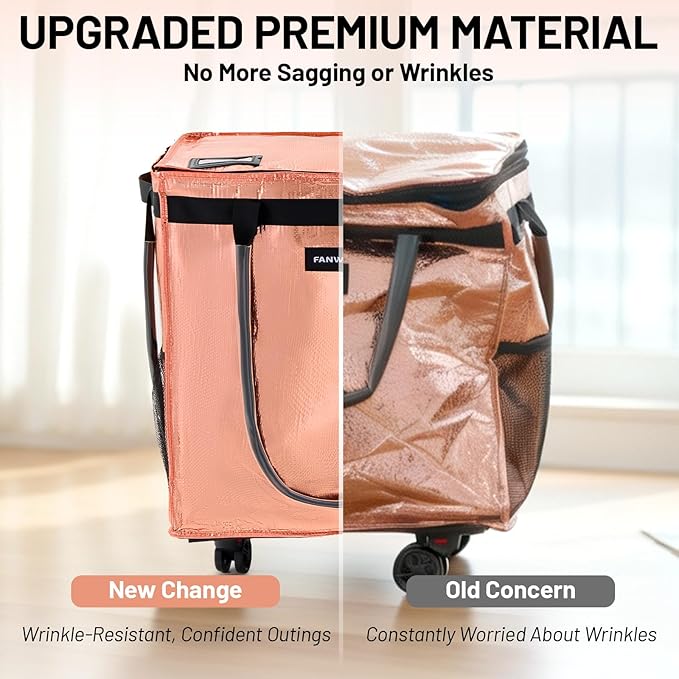 (Large) Fanwoli Reusable Grocery Bag On Wheels with Removable Liner | Wrinkle-Resistant Fabric | Enhanced Stability Wheels & Extended Handle | Foldable Shopping Trolley for Laundry, Carries Up to 130L