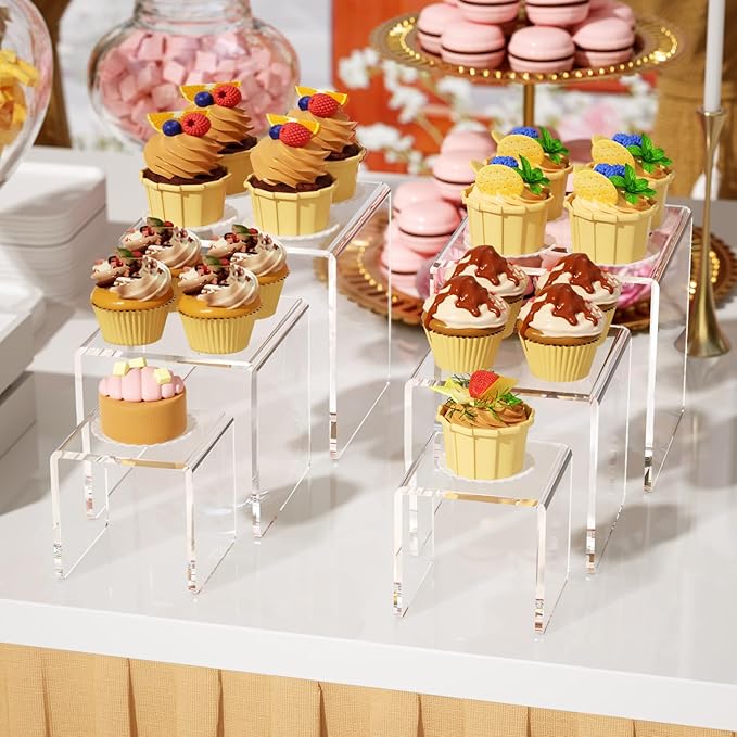 NIUBEE 2 Set Acrylic Risers Display for Funko POP Figures,Clear Cake Stands for Candy Dessert Table Decorations-3"x4"x5"