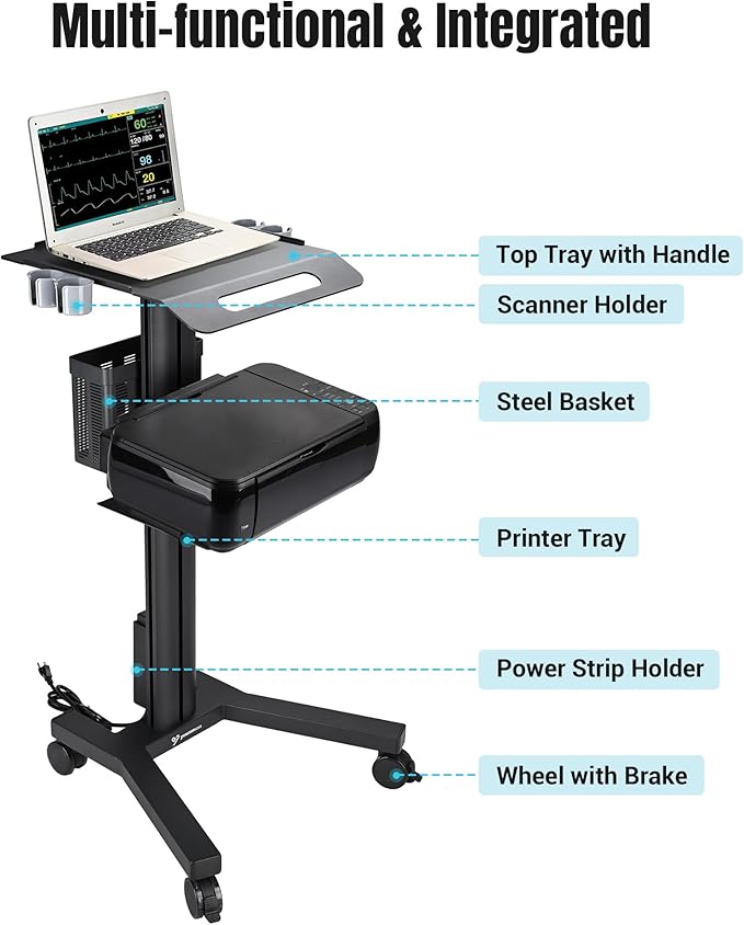 Yescom Mobile Laptop Cart Rolling PC Stand Computer Workstation on Wheels with Handle 220 Lbs Capacity CPU Printer Power Strip Holder for Lap School Office Salon Spa Dental