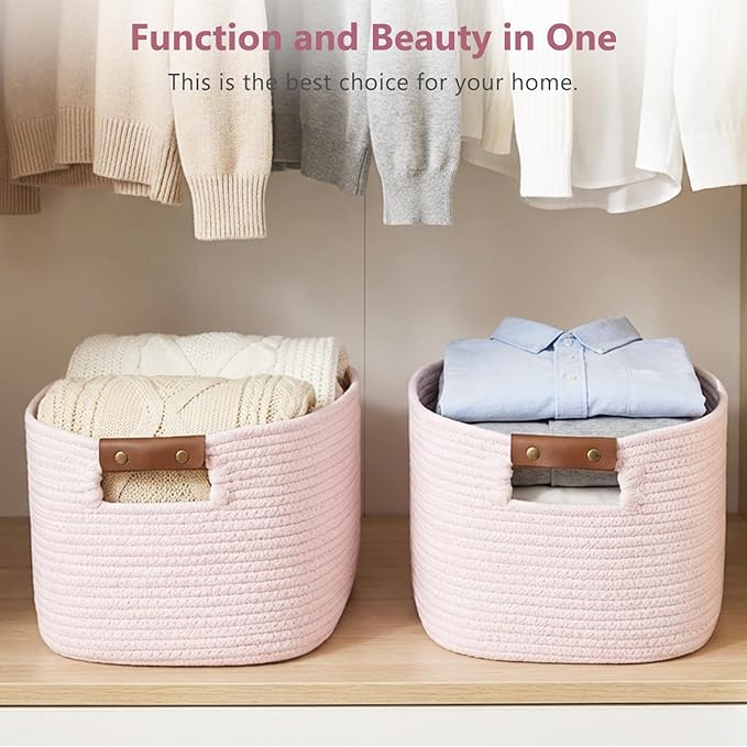 Cotton Rope Basket, Storage Baskets with Handle, 15x10x9 Inch Woven Basket for Shelves, Laundry, Towels, Clothes, Books (Light/Pink 1Pack)