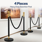 VIVOHOME Heavy Duty Iron Stanchion Post Queue 4PCS Pole w/ 2 Black Velvet Ropes, Crowd Control Barriers w/Fillable Base for High-end Venues, Museums, Party Supplies (4 Pieces, Black and Golden)