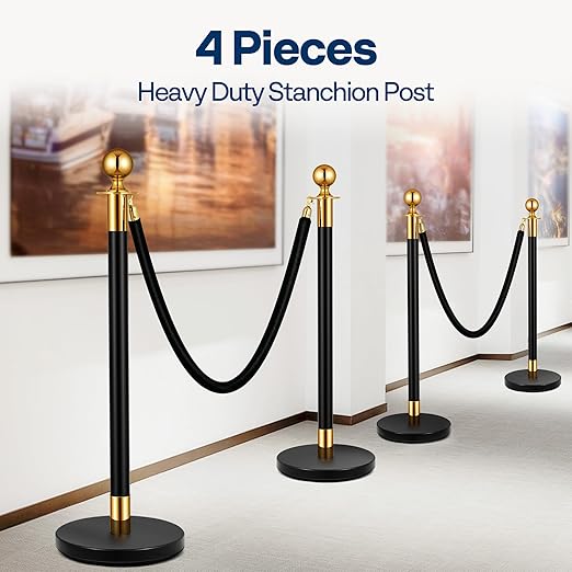 VIVOHOME Heavy Duty Iron Stanchion Post Queue 4PCS Pole w/ 2 Black Velvet Ropes, Crowd Control Barriers w/Fillable Base for High-end Venues, Museums, Party Supplies (4 Pieces, Black and Golden)