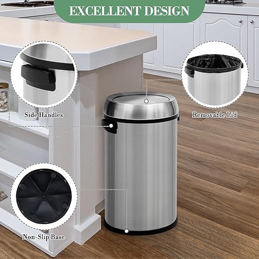 17 Gallon/65L Trash Can, Heavy Duty Stainless Steel Swing Top Trash Can, Fingerprint-Proof Round Kitchen Trash Bin with Swing Lid, Commercial Garbage Can for Restaurant, Home, Office(Silver)