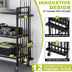 Fishing Rod Holders for Garage, Fishing Rod Stand with Wheels and Pegboard, 3-Tier Pole Storage Rack with 8 Hooks and 12 Rod Slots, Ideal for Tackle, Backpacks, and Gear