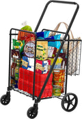 DWVO Jumbo Folding Shopping Cart with Wheels, Rolling Foldable Grocery Cart with Double Basket, Portable Collapsible Utility Cart for Shopping Groceries Laundry Storage Organizer