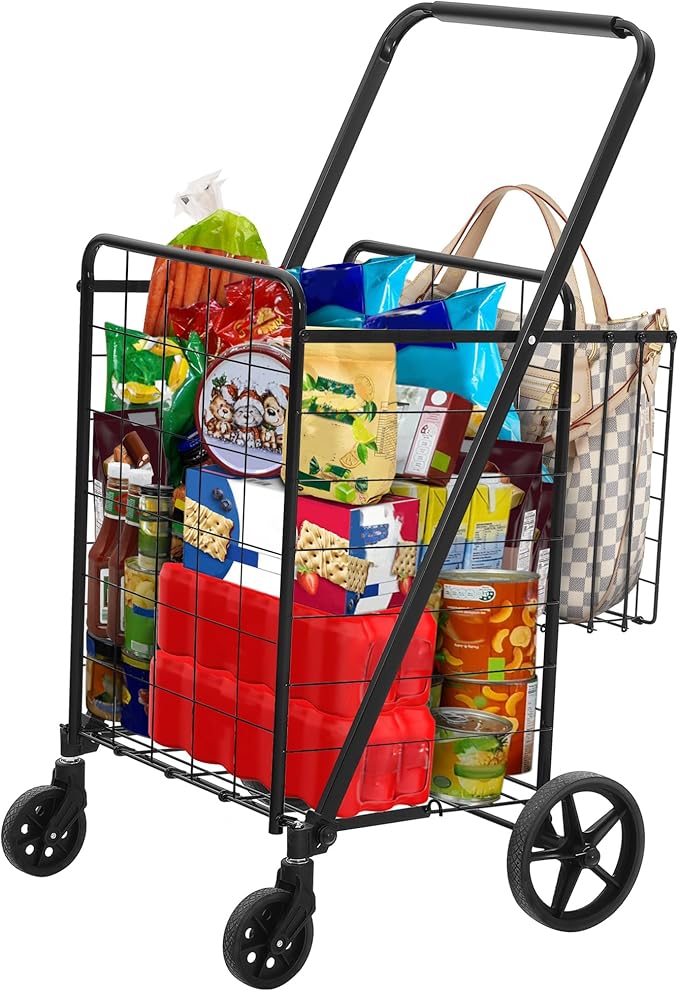 DWVO Jumbo Folding Shopping Cart with Wheels, Rolling Foldable Grocery Cart with Double Basket, Portable Collapsible Utility Cart for Shopping Groceries Laundry Storage Organizer