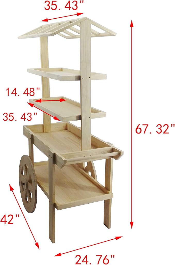 FixtureDisplays® Flower Cart Vending Cart Farmers Market County Fair Wagon Wood Stall Stand Rolling Shelf Retail Booth Kiosk 42.0" Long x 68" Tall x 25.0" Wide 19402