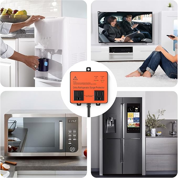 Refrigerator Surge Protector, Ortis Double Outlet Voltage Protector for Home Appliances with Time Delay, Protects Against Brownout, Spike, Instant Surge All Voltage Abnormalities, Orange