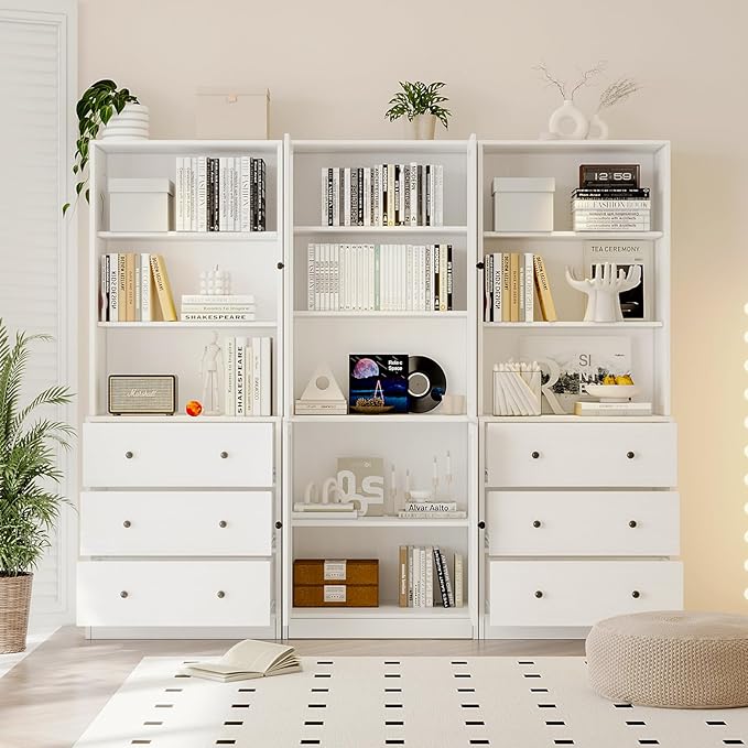 TUSY 71" H Bookshelf Bookcase with Doors, 3-Tier Modern Bookshelves with 3 Large Drawer, Display Bookcase with Glass Doors, Modern 5-Tier Curio Cabinet for Home Office, Dining Room (White, ABA)