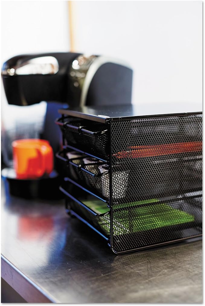 Safco Onyx Hospitality Organizer, 3 Drawers, For Snacks, Coffee Pods, Sugar Sweetener, Stirrer, Napkins and More, Steel Mesh, Black
