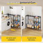 Broom Holder with Cleaning Supplies Organizer, Movable Broom Closet Storage Cabinet with Cleaning Caddy, Cleaning Cart with Mop Rack, Janitorial Housekeeping Cart on Wheels, Laundry Room Organization