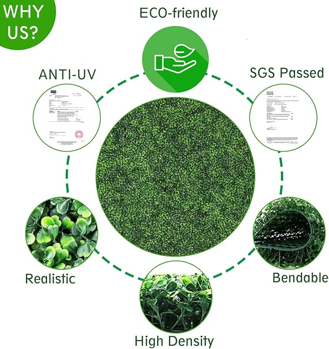12PCS 20"x20" Artificial Boxwood Panels Topiary Hedge Plant UV Protected Faux Grass Wall Greenery Mats for Outdoor Garden Fence Backyard and Indoor Home Wedding Decoration, Dark Green