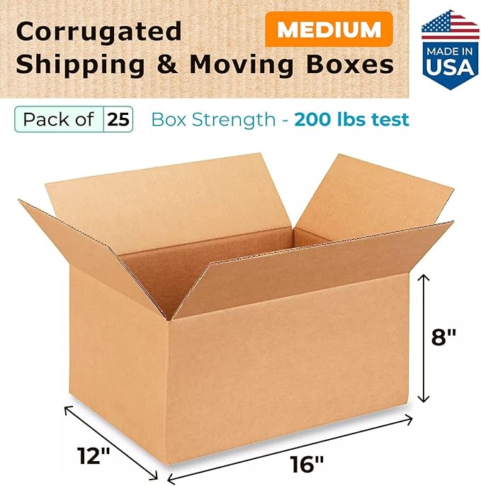 Medium Shipping & Moving Boxes 16"L x 12"W x 8"H (25-Pack) - Extra Strength 200 lb vs Regular - Corrugated Boxes for Packaging Moving and Delivering - Packaging Box - Box to Pack by IDL Packaging