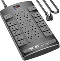 QINLIANF Surge Protector Power Strip - 10Ft Flat Plug Heavy Duty Extension Cord with 24 Outlets and 4 USB Ports(2 USB-C Ports), 1875W/15A, 4100J, for Home, Office, Dorm, ETL Listed, Black