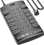QINLIANF Surge Protector Power Strip - 10Ft Flat Plug Heavy Duty Extension Cord with 24 Outlets and 4 USB Ports(2 USB-C Ports), 1875W/15A, 4100J, for Home, Office, Dorm, ETL Listed, Black