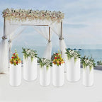 OUKANING 6 PCS Metal Display Pedestal Stands, White Cylinder Display Stands Pillars, Decoration Cube Sculpture Display Column for Wedding Party Baby Shower Birthday, H27.56'', 26'', 23.62''