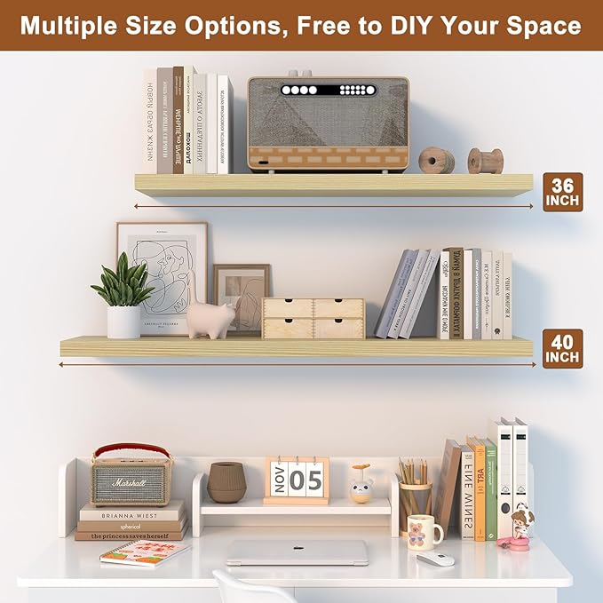 12 Inch Deep Floating Shelves for Wall 2 Pack Floating Shelfs Large Storage Space Wall Decor Display Shelf for Bathroom Living Room Bedroom Kitchen 48" W x 12" D x 1.2" H Natural Wood