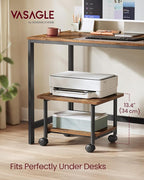 VASAGLE Heavy-Duty Printer Stand with Locking Wheels, 2-Tier Industrial Mobile Cart with Storage Shelf, Under Desk Printer Table for Home, Office, 13.4" Height, Rustic Brown and Black UOPS002B01