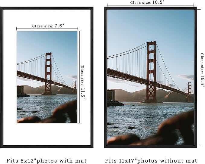 Frametory, 11x17 Metal Picture Frame with Mat for 8x12 Picture & Real Glass, Aluminum Photo Frame Collection (Black, 2 Pack)
