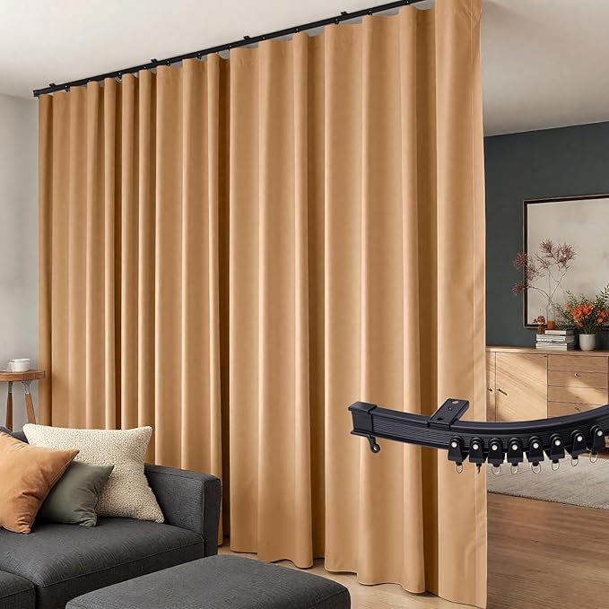 Room Divider Curtains Flexible Ceiling Tracks set Curtain track Ceiling Mount Blackout Curtain for Living Room Bedroom Ceiling Curtain Rod Privacy Dividers Panels W150 x H96 Khaki Drape & Black rail