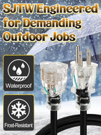 Lighted End Heavy Duty Outdoor Extension Cord Waterproof -16AWG, 3 Prong, 15A, 1875W, Flexible Black Power Extension Cord for Outsides, 6ft