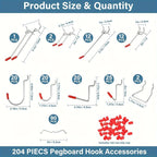 204 peg Board Hooks for Hanging - pegboard Accessories and Hangers for 1/4 & 1/8 inch peg Board Organizer Accessories - Ideal for Garage, Workshop & Tool Storage