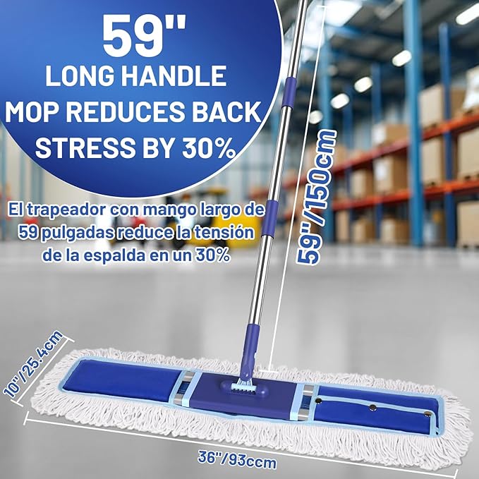 36" Commercial Dust Mop: Dry Dust Broom for Hardwood Floors Cleaning - 2 Reausable Mop Pads 59" Long Handle Heavy Duty Frame - Professional Cleaning Supplies for Hotel Warehouse School Janitor