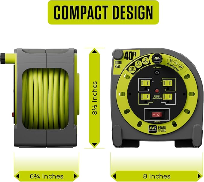 Masterplug 40ft Case Cord Reel, Retractable Extension Lead with Winding Handle, Safety Overload Circuit Breaker and Power Switch, 4X Grounded Outlets, 13amps, 14AWG Cable