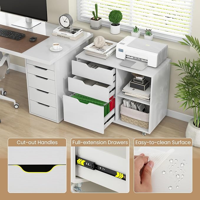 LOKO 3-Drawer File Cabinet, Mobile Printer Stand Cabinet with Adjustable Shelf, Rolling Lateral Filing Cabinet with Wheels for Letter, A4, Legal Size, for Home Office Organization (White)