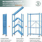 DEANIC 4 Tier Foldable Storage Shelves with Wheels, Large Capacity Shelving Unit, Freestanding Metal Wire Shelf Rack, No Assembly Organizer Rack for Garage Kitchen, Basement(Blue)