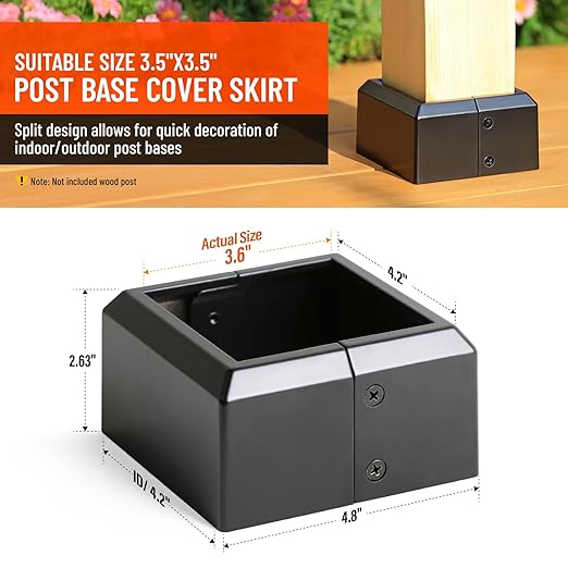 4"x4" (Actual: 3.5"x3.5") Deck Post Base Cover Split, Aluminum Post Base Trim Skirt Decorative Black 4Pack