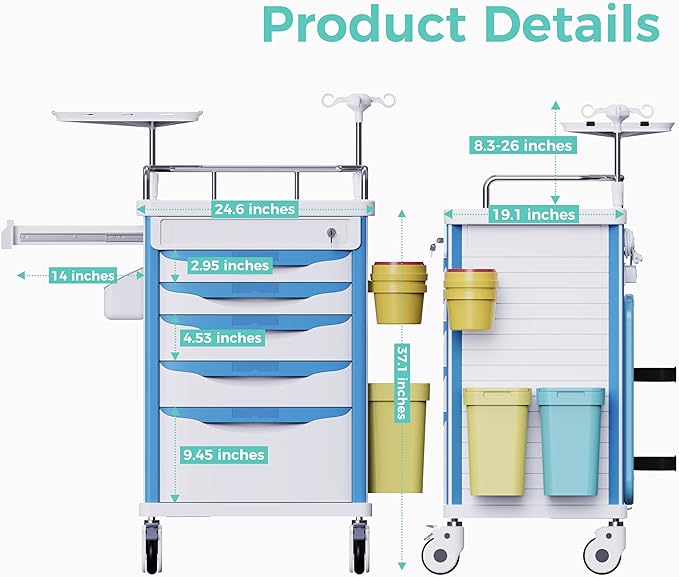 Medical Rolling Storage Crash Cart with Wheels - Adjustable IV Pole, Silent Casters, Needle Disposal Holder, Trash Bin, O2 Holder - Nursing Emergency Cart for Clinic, Hospital, Salon, Lab