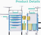 Medical Rolling Storage Crash Cart with Wheels - Adjustable IV Pole, Silent Casters, Needle Disposal Holder, Trash Bin, O2 Holder - Nursing Emergency Cart for Clinic, Hospital, Salon, Lab