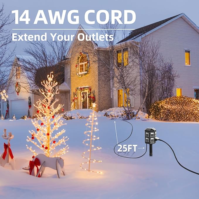 TiFFCOFiO Outdoor Power Strip Weatherproof, 25 FT Extension Cord with Stake, 6 Grounded Outlets for Christmas Yard Decorations and Inflatables, 15A/1875W, ETL Listed