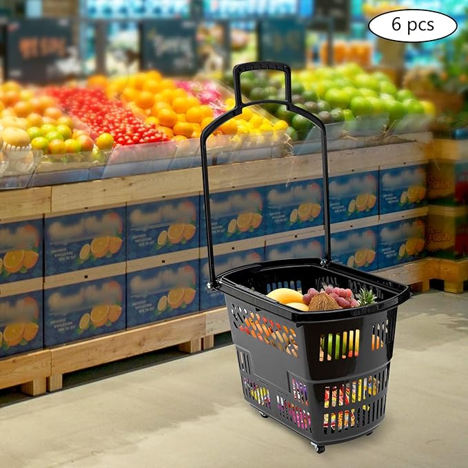 35L 6PCS Shopping Carts with Wheels and Handle, Plastic Rolling Basket, Portable Shopping Baskets Set for Supermarkets and Retail Stores
