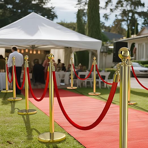 kaiyomi 8Pcs Stanchions with Red Velvet Ropes Set, 5 Feet Velvet Ropes and Posts Poles for Red Carpet Party Decoration and 360° Photo Booth (Golden)