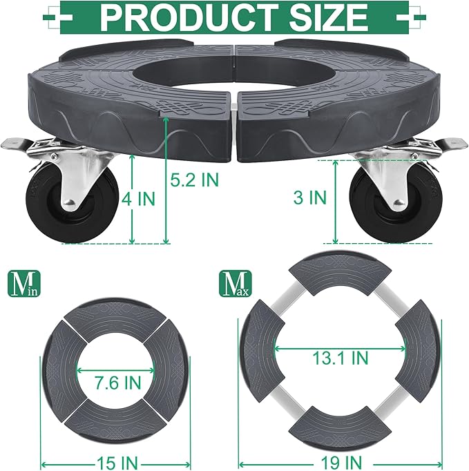 ToLanbbt Trash Can Dollies with 3 in Upgraded Wheels, 15-19 in Adjustable Round Furniture Dollies Heavy Duty 480 LBS Drum Rolling Base, Keg Carts for 20, 32, 44, 55 Gallon Garbage Cans, Gray, 2 PCS