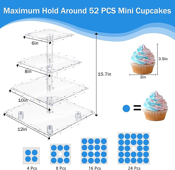 YestBuy 4 Tier Acrylic Cupcake Stand Afternoon Tea Cake Stand Large Cupcake Stand Cupcake Tower Cupcake Holder for Pastry + LED Light String Ideal for Weddings Birthday Bar Party Décor (Blue Light)