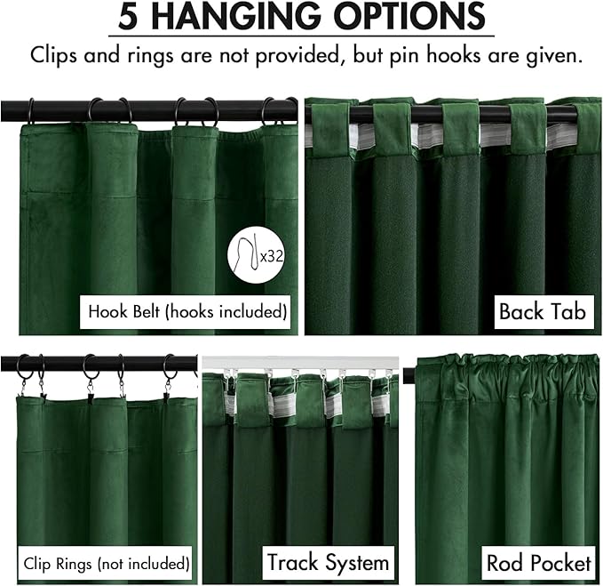 MIULEE Christmas Velvet Curtains 90 Inches Long 2 Panels Set for Bedroom, Pinch Pleat Back Tab Luxury Thermal Insulated Living Room Darkening Pleated Blackout Window Drapes with Hooks, Emerald Green
