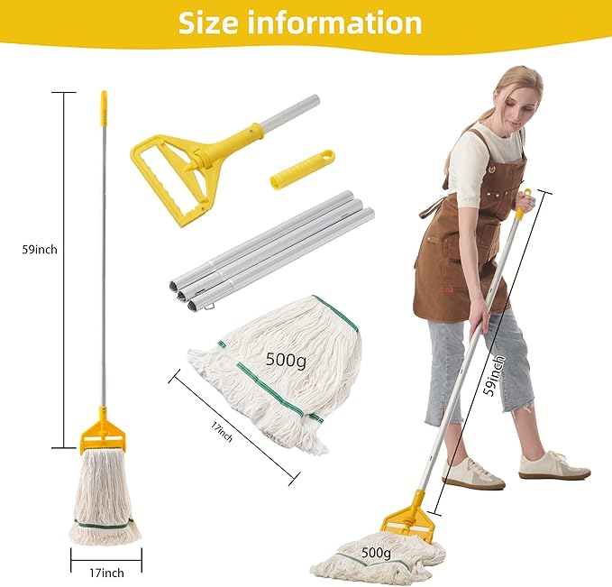 Commercial Heavy Duty Industrial Mop with Long Handle,59" Looped-End String Wet Cotton Mops for Floor Cleaning, Including Three mop Head Replacement